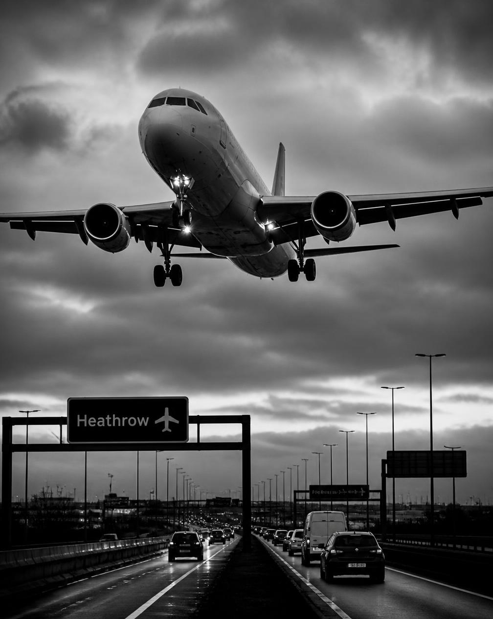 Anflug auf den Flughafen Frankfurt über der Autobahn